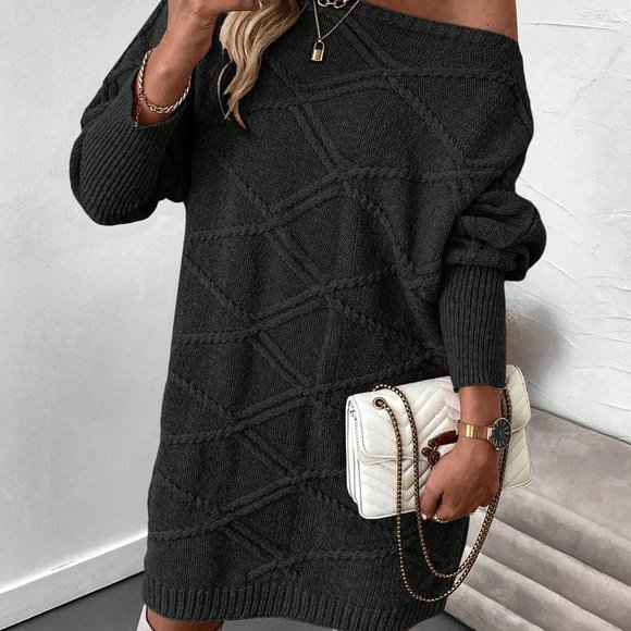 . Dresses & Skirts - Black Casual Womens Solid Color Batwing Sleeve Sweater Dress